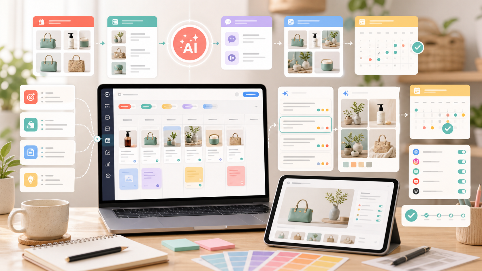 AI social content automation workflow with caption, image, calendar, and approval cards
