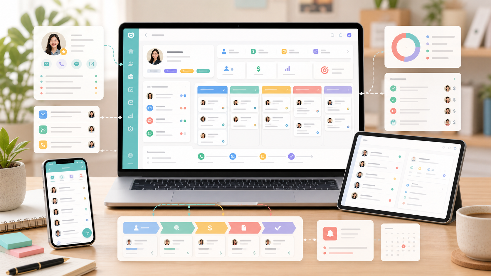 CRM dashboard with customer profiles, sales pipeline, and follow-up tasks